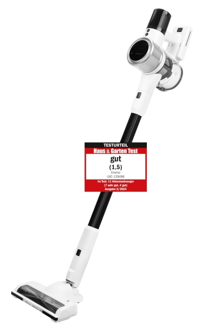 Emerio UVC-129496, Aspirator fara fir 3-in-1 cu 3 viteze de aspiratie, putere de aspiratie extrem de puternica cu 24.000 Pa, filtru HEPA H11, fara sac, ciclon, LED, motor de lunga durata, alb/gri, 220 W, 0,8 litri