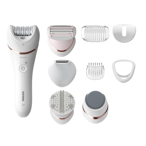Epilator Philips Seria 8000, epilator umed si uscat fara fir pentru picioare si corp, cu 9 accesorii, aparat de ras, aparat de tuns parul lung, pedichiura si exfoliant corporal, model BRE740/10