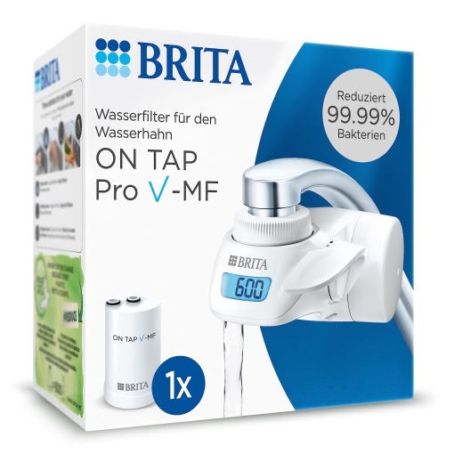 Filtru de apa BRITA pentru robinet ON TAP Pro V-MF incl. 1 cartus filtrant (600l) - reduce cu 99,99% bacteriile, clorul, microplasticele si metalele grele / afisajul LCD digital arata capacitatea reziduala