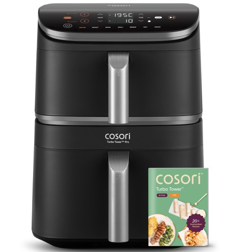 Friteuza cu aer COSORI Turbo Tower Pro 2 camere, 10.8L Double Stack Airfryer cu DualBlaze, acoperire ceramica, nu cu acoperire cu teflon, argintiu-negru
