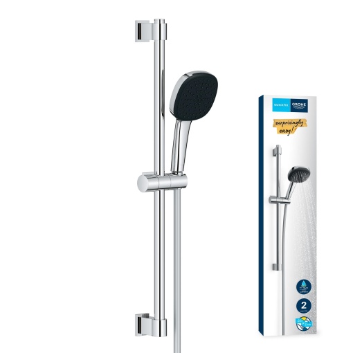 GROHE Vitalio 110, set bara de dus 60cm, economie suplimentara de apa, 6l pe minut (2 tipuri de pulverizare, bara de dus 90cm, lipici sau burghiu), patrat, crom, 2639810E