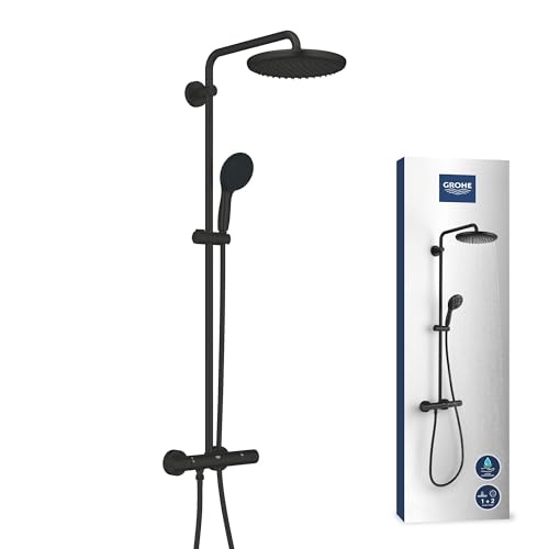 GROHE Vitalio 250, sistem de dus cu economie de apa, 8l pe minut (dus cu efect de ploaie 2 tipuri de pulverizare, brat de dus pivotant, adaptabil la gaurile de gaurire existente, cu manere metalice), rotund, negru mat, 266782431