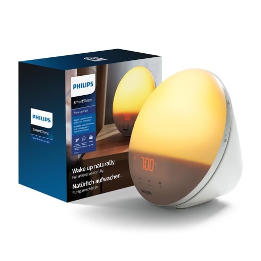 Lumina de trezire Philips, simulare colorata a rasaritului de soare, 20 de intensitati luminoase, 7 sunete naturale, lumina de la miezul noptii (model HF3531/01)