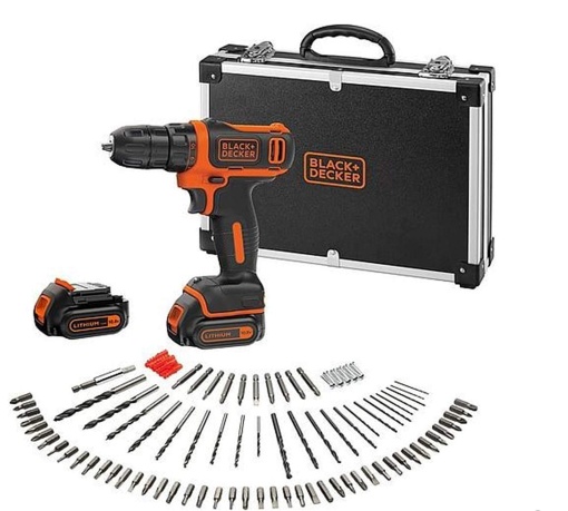 Masina de gaurit si insurubat BlackDecker BDCDD12BAFC 108V compacta 2 acumulatori 100 accesorii cu LED