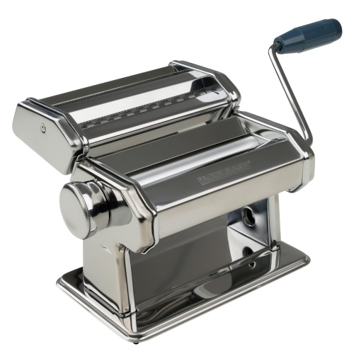 Masina de paste Fackelmann #easyprepare pentru paste delicioase - accesorii pentru foi de lasagna, tagliatelle si spaghete - inclusiv suport de masa si baza antiderapanta, alb/albastru-gri