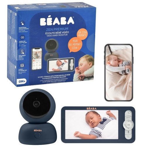 Monitor pentru bebelusi BEABA, monitor video pentru bebelusi 2 in 1, ecran/aplicatie mobila dedicata, camera HD, rotatie la 360deg, vedere pe timp de noapte, walkie-talkie, cantece de leagan, control al temperaturii si umiditatii, Zen Premium Blue