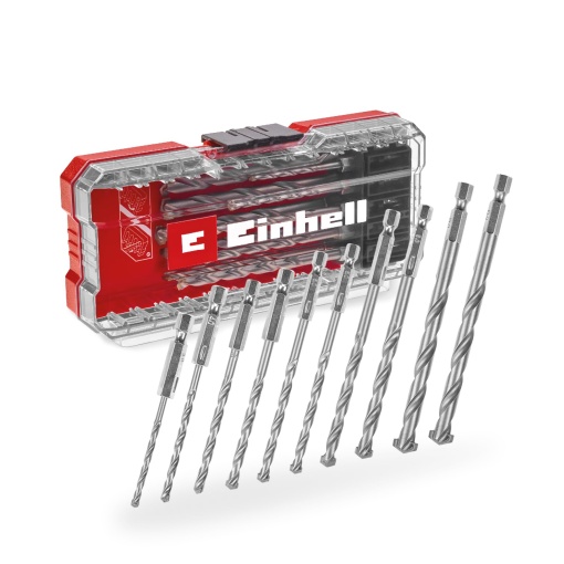 Original Einhell S-CASE 10 buc. Set de burghie pentru zidarie (conform DIN 10083-2 din otel de scule, tija E 6.3, placa de carbura introdusa, ax laminat cu role incl. cutie de depozitare)