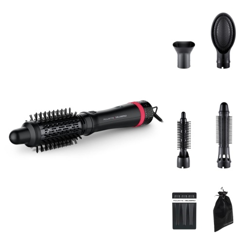 Perie cu aer cald Rowenta x Karl Lagerfeld CF635L Express Style | Perie de styling 5 in 1 | Acoperire cu keratina si stralucire | constant 60degC | toate tipurile de par | Accesorii extinse | Negru/Rosu