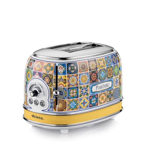 Prajitor de paine Ariete 155 Positano, design mediteranean, 2 fante largi, 6 niveluri de rumenire cu evacuare automata, tava pentru firimituri, paine prajita, functie de reincalzire si dezghetare, 810W