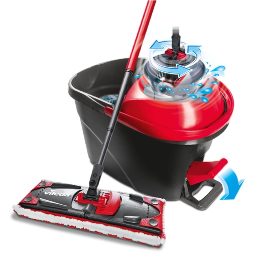 Set complet mop de podea Vileda Ultramax Turbo 2in1, mop cu maner telescopic, capac din microfibra si galeata cu Power Spin, pentru toate pardoselile dure, lungime maner 75-130cm, ambalaj ecologic