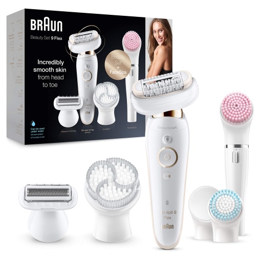 Set de frumusete Braun Silk-epil 9 Flex, epilator femei / indepartator de par, perie de curatare faciala FaceSpa, 9 accesorii, geanta, cu cap flexibil pentru o indepartare mai usoara a parului, 9100, alb/auriu