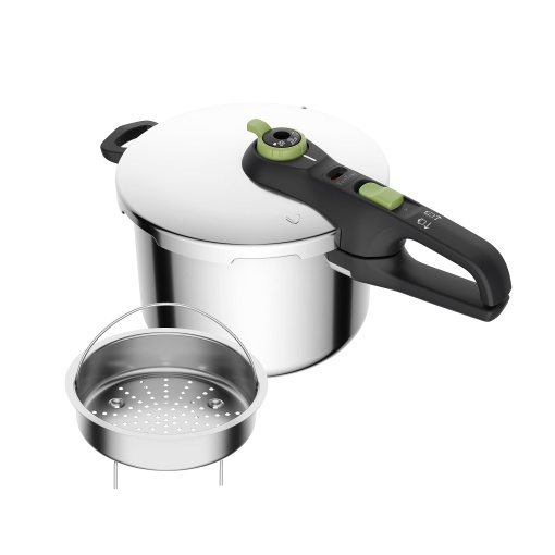 Tefal P2580702 Secure Trendy Oala sub presiune 6 L cu cos, 2 trepte Controler de gatit: Nivel intensiv 117degC, Nivel delicat 112degC, baza de capsula cu inductie, pentru toate tipurile de aragaz, otel inoxidabil/negru/verde