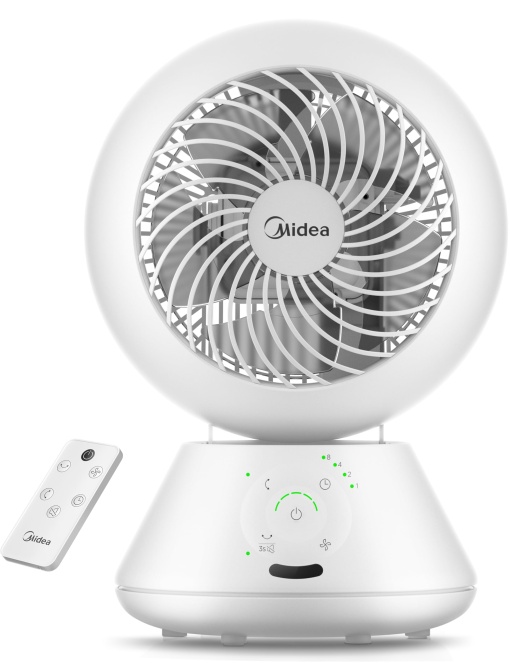 Ventilator de masa Midea MDF24JRW, 28 dB, diametru 20 cm, pentru circulatia aerului, raza de actiune 18 m, oscilatie 120deg + 105deg, 5 viteze reglabile, cronometru 15 ore cu telecomanda, pentru