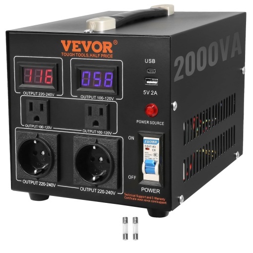VEVOR 2000W Transformator convertor de tensiune AC 110V220V Convertor transformator 2X US NEMA 5-15R 3-pin2x Prize de iesire Shucko standard european