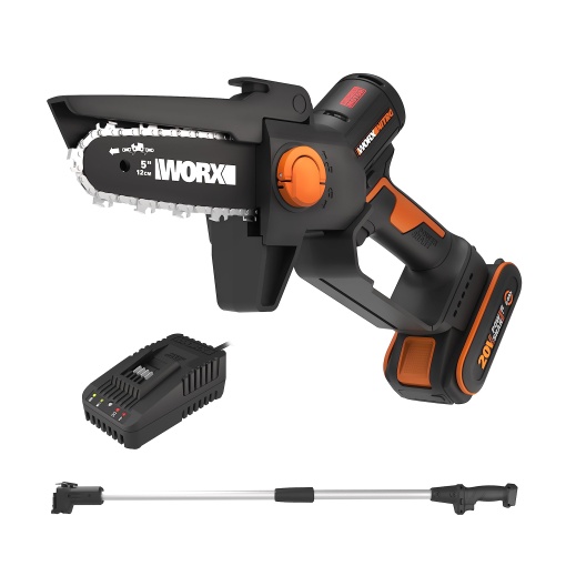 WORX NITRO WG325E.1 Mini ferastrau cu lant 20V, ferastrau cu lant cu o singura mana, motor fara perii, lungime bara de 12 cm, inclusiv baterie PowerShare, incarcator si tija de extensie de 125 cm