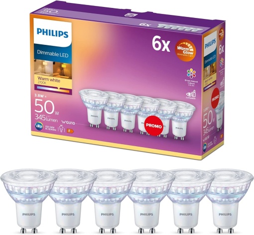 Becuri Philips LED Classic GU10 Warm Glow Pachet de 6 (50 W), spoturi LED reflectoare reglabile cu lumina alba calda, lampi cu economie de energie cu durata lunga de viata