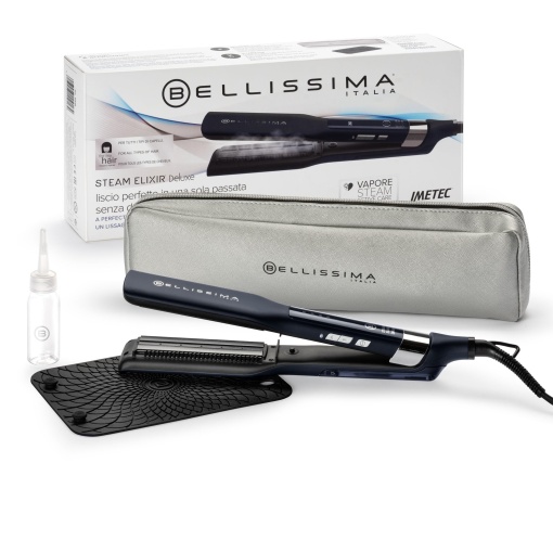 Bellissima Steam Elixir, indreptator de indreptat parul cu abur, indrepta parul intr-un singur pas fara deteriorare, plac de indreptat parul cu acoperire ceramica si keratina, incalzire rapida, 4 temperaturi, design rotunjit