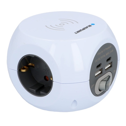 BLAUPUNKT Socket Cube, Priza multipla, 3 cai, USB-A cu 2 cai + USB-C cu 2 cai, cu comutator de pornire/oprire, cu incarcare inductiva, Alb, 1,4 metri