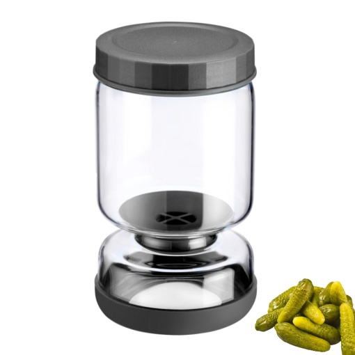 Borcan de picurare Westmark 1 buc - Borcan multifunctional cu incrustatii pentru kimchi si castraveti pentru scurgere si servire - Transparent/Negru, 900 ml, Borcan