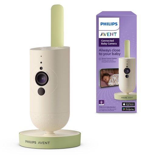 Camera conectata pentru bebelusi Philips Avent cu aplicatie, criptare privata si securizata, audio, zoom 2x, vedere nocturna, VOX, interfon, cantece de leagan si zgomot alb (model SCD643/26)