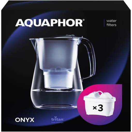 Cana filtranta AQUAPHOR Onyx 4,2 l, pentru reducerea calcarului, clorului si a altor impuritati, inclusiv 3 x cartuse filtrante Maxfor+, Negru