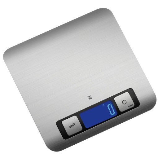 Cantar digital de bucatarie WMF 20 x 20 x 1 cm, cantar de copt, cantar de uz casnic, otel inoxidabil, precizie la gram, functie tara, greutate maxima de 5 kg, argintiu