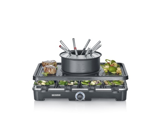 Combinatie raclette-fondue SEVERIN pentru 8 persoane, gratar raclette 2 in 1 cu placa de gratar si set de fondue, acoperire antiaderenta, incl. 8 tigai, raclete si furculite pentru fondue, se poate spala in masina de spalat vase, RG2347
