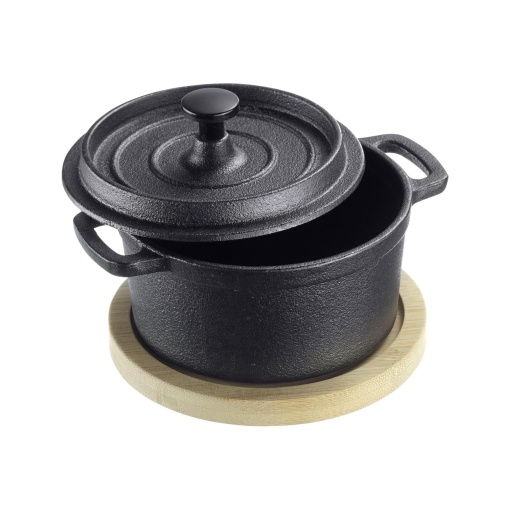 Cratita din fonta Westmark Tapas Friends cu capac si suport din bambus 250 ml compatibila cu inductie si grill