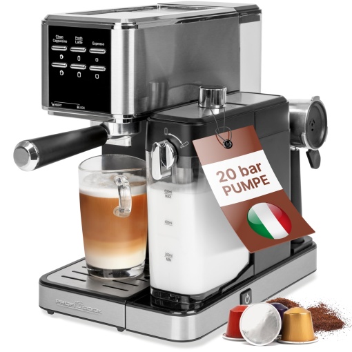 Espressor ProfiCook(r) 2 in 1 | pentru pudra de cafea si capsule compatibile Nespresso | Masina de portafiltru | 20 bar | Sistem de lapte pentru latte si cappuccino | Portafiltru pentru espresso | PC-ES 1266