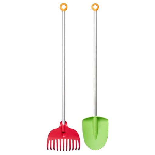 Fiskars Cazmale si greble cu frunze pentru copii, set 2 in 1, Lungime: 88 cm, Capete din plastic/aluminiu armat cu fibra de sticla, verde/portocaliu si rosu/portocaliu, MyFirst Fiskars, 1063038