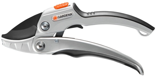 Foarfece cu clichet Gardena SmartCut: foarfece de gradina robuste cu muchie de taiere nicovala pentru lemn mai gros si uscat cu diametrul de pana la 25 mm, doua pozitii de maner, cu mecanism cu clichet si manere din aluminiu (8798-20)
