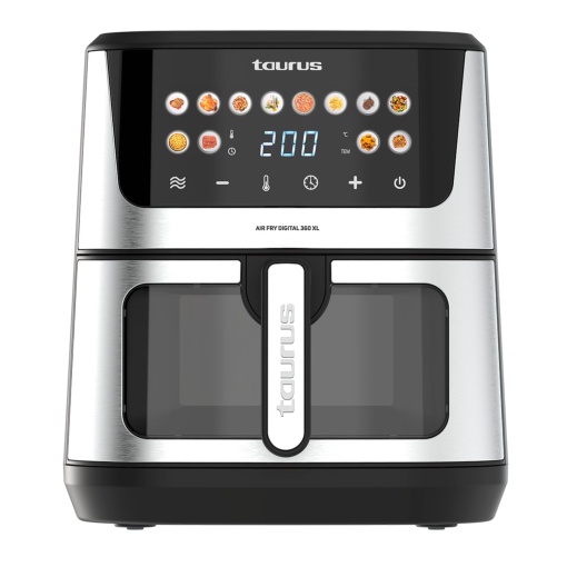 Friteuza cu aer Taurus Air Fry Digital 360 XL, 2100 W, 8 L, 12 programe, ecran tactil, rezistenta dubla, metal interior, preincalzit, fara BPA si PFOA, Carte de retete online