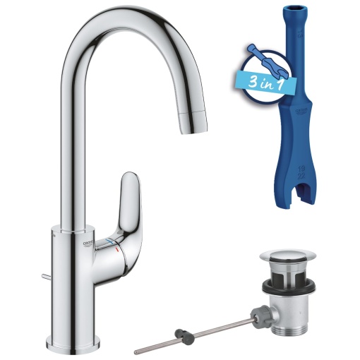 GROHE Swift - Mixer pentru lavoar cu o singura parghie (cu economie de apa, dimensiune L, incl. instrument de asamblare, set de deseuri pentru tija de tragere), crom, 24330001