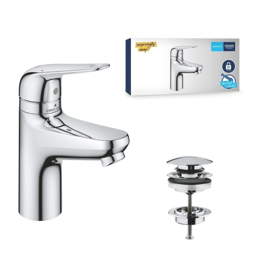 GROHE Swift - Robinet de baie cu protectie impotriva oparirilor pentru copii cu economie de apa 16 cm inaltime inclusiv instrument de asamblare scurge