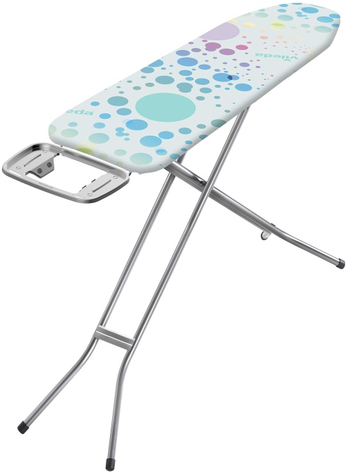 Masa de calcat Vileda Neo cu carlig de calcat, reglabila pe inaltime, suprafata de calcat compacta 114 cm x 33 cm, husa din bumbac 100% cu spuma, picioare antiderapante, inchidere de tragere si ridicare rezistenta la copii