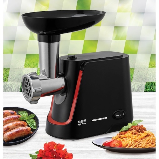 Masina de tocat Heinner MG-1250BK, 1340 W, 1.5 Kg/Min, 2 site, reverse, accesorii incluse, Negru