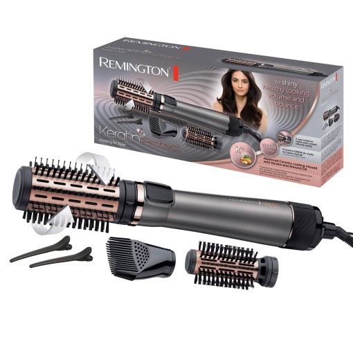 Perie cu aer cald rotativa [automata] Keratin Protect (inclusiv 3 atasamente: 2 perii rotunde + amplificator pentru mai mult volum) + agrafe de par, acoperire ceramica cu ulei de migdale, AS8811,Gri