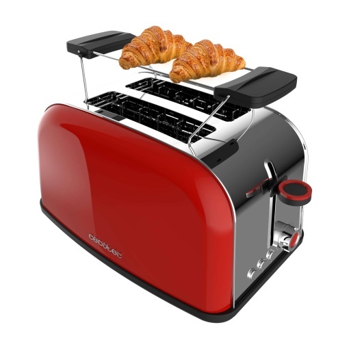 Prajitor de paine vertical Cecotec Toastin' time 850 Rosu, 850W, Fanta dubla scurta si fanta lata de 3,8 cm, Bare superioare, Otel inoxidabil, Oprire automata si functie pop-up, Tava pentru firimituri