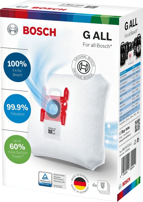 Pungi de aspirator Bosch 4x PowerProtect Type G ALL BBZ41FGALL, filtrare a prafului fin 99,9%, durata de viata cu 50% mai lunga, potrivite pentru toate seriile actuale, cu exceptia BSG8, BSN1