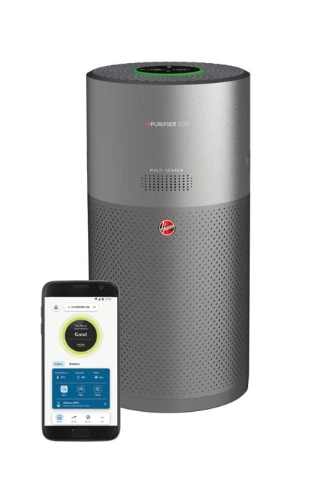 Purificator de aer Hoover H-PURIFIER 500 - cu filtru HEPA-13 pentru o buna calitate a aerului - cutit de aer cu sistem de avertizare CO - cu functie de difuzor - controlabil cu aplicatie si afisaj LED, pentru incaperi de pana la 110 m2 [HHP55CA]