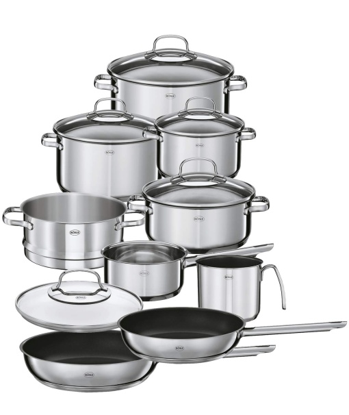 ROSLE ELEGANCE set oale 10 bucati, 6 cratite de inalta calitate, 1 insertie pentru abur, 2 tigai intr-un set, otel inoxidabil 18/10, cu capac din sticla si cantar interior, se poate spala in masina de spalat vase
