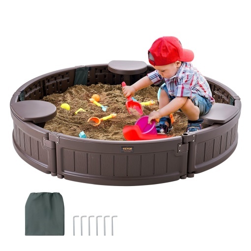 Sandpit VEVOR BXSB120 HDPE Cu Acoperire si 3 Scaune 120 cm Maro