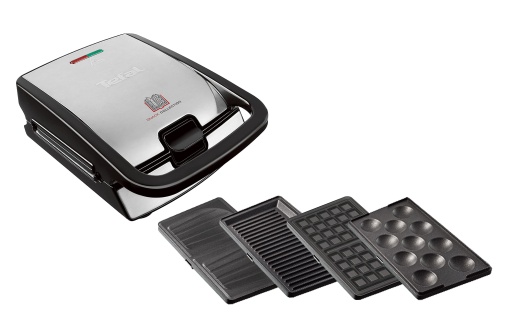 Set de 4 colectii de gustari Tefal SW854D | Dispozitiv combinat | Include 4 seturi de placi cu acoperire antiaderenta | Poate fi spalat in masina de spalat vase | Panini, vafe, sandvisuri, prajituri dulci | 700W |Negru/Otel inoxidabil