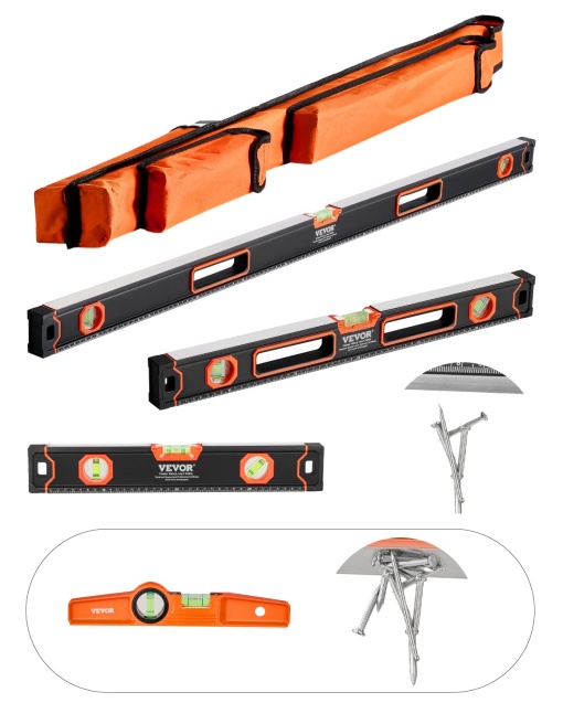 Set de nivele cu bula de aer pentru torpile VEVOR din 4 piese, set de niveluri cu bula de aer cutie de 120/60/40/25 cm, rigla libelula pentru 45/90/180 grade, instrument de masurare din aliaj de aluminiu (doar 10 inci sunt magnetici)