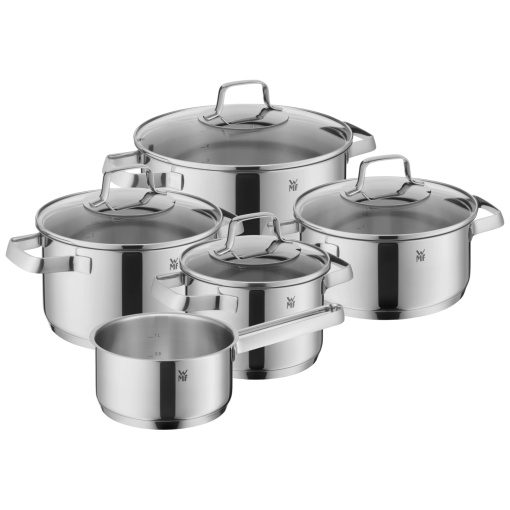 Set de oale cu inductie WMF Belmonte 5 bucati, set de oale de gatit cu capac de sticla, Cromargan din otel inoxidabil lustruit, set de oale neacoperite, argintiu, fara scalare interioara, potrivit pentru toate tipurile de sobe, fara picurare