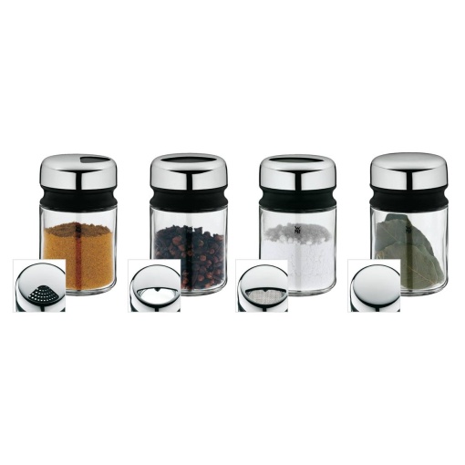 Set recipiente de condimente WMF Depot 4 bucati, 100 ml, borcan de condimente, agitator de condimente, borcan de condimente, sticla, otel inoxidabil Cromargan, se poate spala in masina de spalat vase