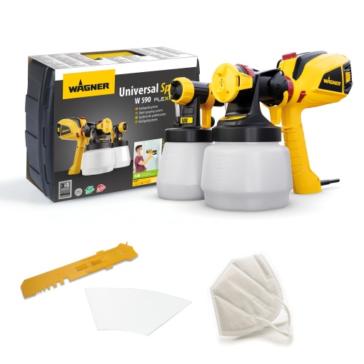 Sistem de pulverizare a vopselei WAGNER W 590 FLEXiO pentru vopsele, lacuri si glazuri pentru pereti si latex in interior si exterior, 15 m2-6 min, recipient 1300 ml/800 ml, 630 W