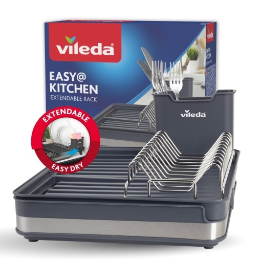 Suport de vase Vileda extensibil design compact inox antirugina cu suport pentru tacamuri