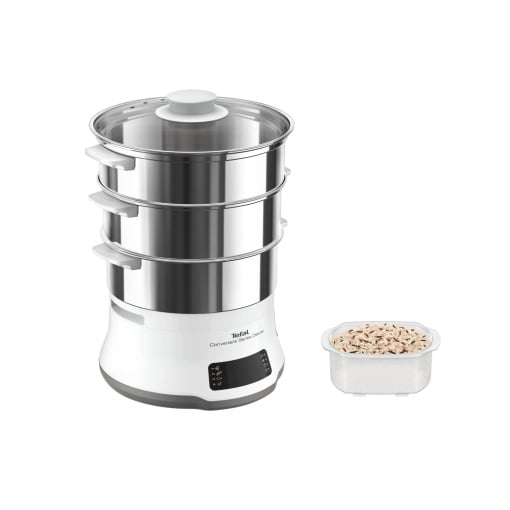 Tefal Convenient Series Deluxe Steamer, ecran tactil simplu, 8 programe, gatit pe 3 niveluri, recipient din otel inoxidabil, calitate durabila, preparare sanatoasa, otel inoxidabil/alb, VC502D