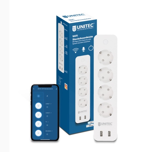 UNITEC 30798 WIFI Priza 4x2 | Prize inteligente Wi-Fi cu temporizator | Masurarea costurilor energiei | Control vocal si APP | Cu 2 iesiri USB